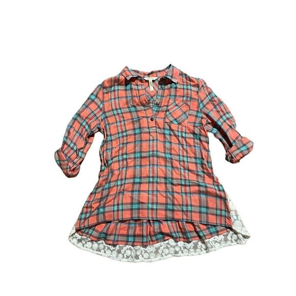 Matilda Jane Top Noble Lace Plaid Tunic Flannel Orange Blue Popover Shirt sz Sma - Picture 2 of 7